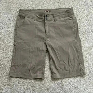prAna Halle Shorts Women Sz 12 Bermuda Khaki Tan W3HALS116 Hiking Outdoor 11”
